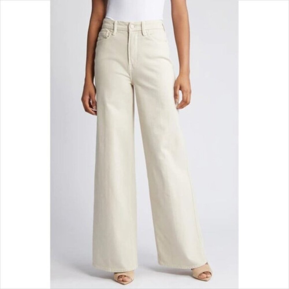Good American Skate wide leg flare jeans tan bone denim skater long new 26 2
